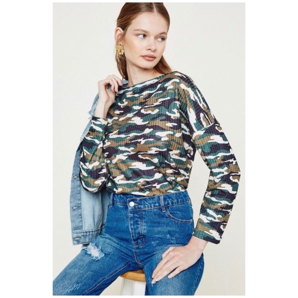 CLEARANCE Green Camo Long Sleeve Waffle Knit Top - Picture 2 of 5